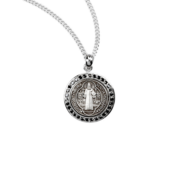 Saint Benedict Round Sterling Silver Medal with Black Cubic Zirconia's "CZ's"