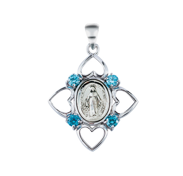 Sterling Silver Aqua Cubic Zirconia "CZ" Miraculous Medal