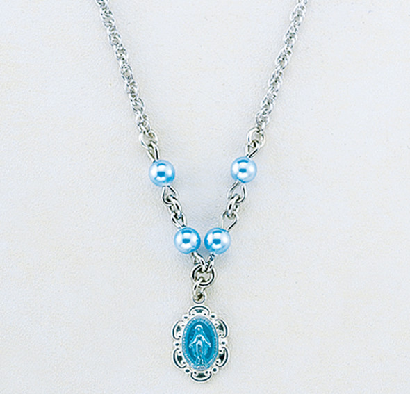 Sterling Silver Scalloped Blue Enameled Miraculous Necklace Adorned with 4mm Blue finest Austrian Crystal Pearl Beads