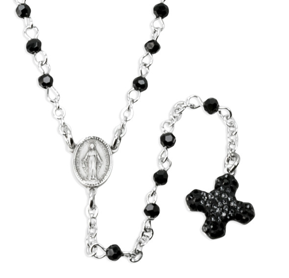 Black Crystal Bead Sterling Silver Rosary Necklace