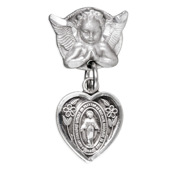 Heart Shape Baby Miraculous Medal in Sterling Silver on an Angel Pin