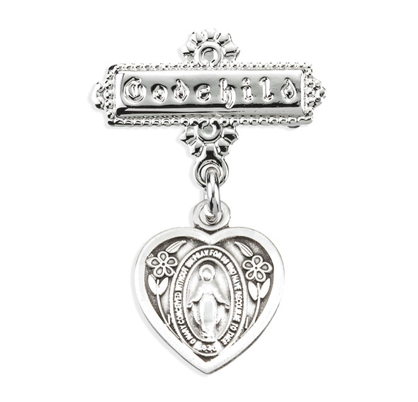 Sterling Silver Miraculous Medal on a Godchild Pin