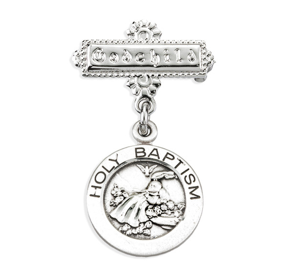 Sterling Silver Round Holy Baptism Medal on a Godchild Pin