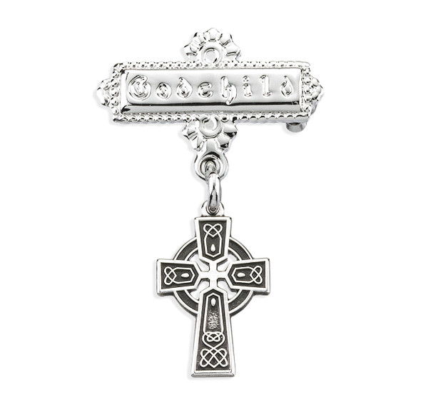 Sterling Silver Baby Irish Celtic cross on a Godchild Bar Pin Sterling Silver Baby Irish Celtic cross on a Godchild Bar Pin