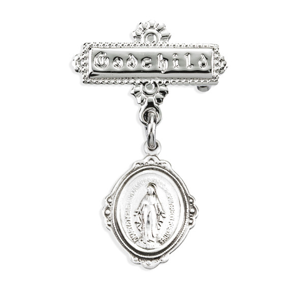 Sterling Silver Small Miraculous Medal on a Godchild Bar Pin
