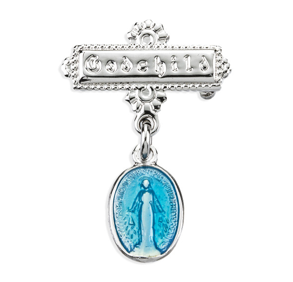 Blue Enameled Oval Sterling Silver Baby Miraculous Baby Medal on a Godchild Bar Pin