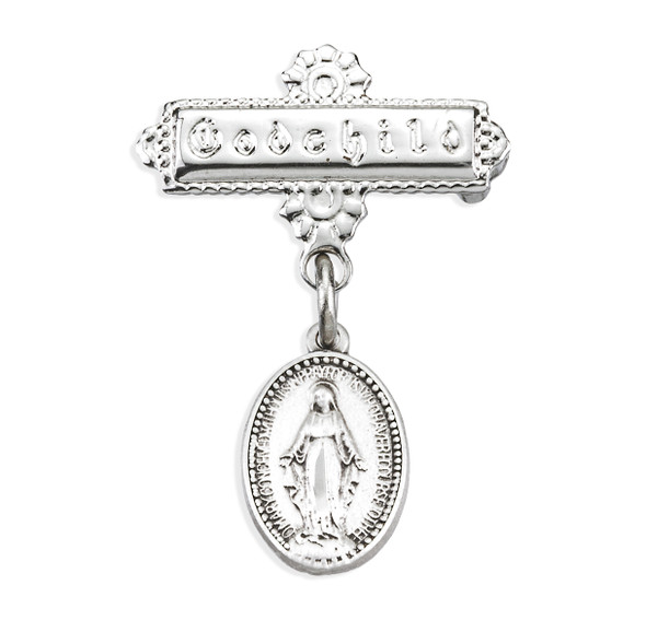 Sterling Silver Baby Miraculous Medal on a Godchild Bar Pin