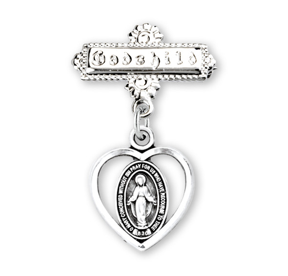 Sterling Silver Pierced Heart Baby Miraculous Medal on a Godchild Pin