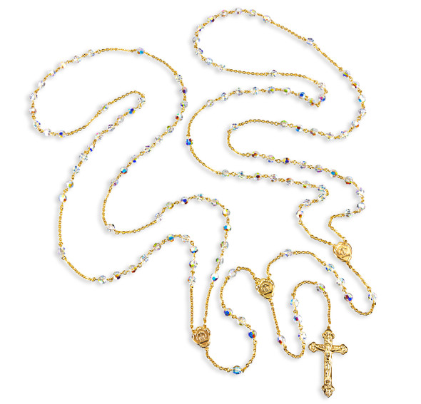 8mm Finest Aurora Crystal Beads Gold Over Sterling Silver Lasso Wedding Rosary with  Gold Over Sterling Crucifix and Centers