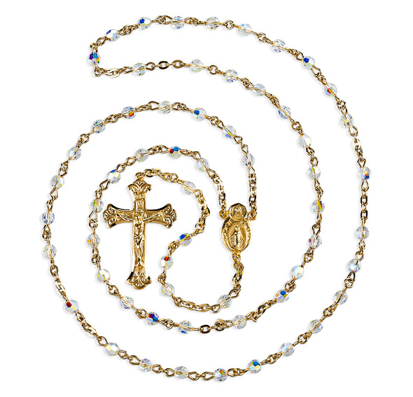 4mm Finest Aurora Crystal Gold Plated Round Beads with Gold Over Sterling Crucifix and Center