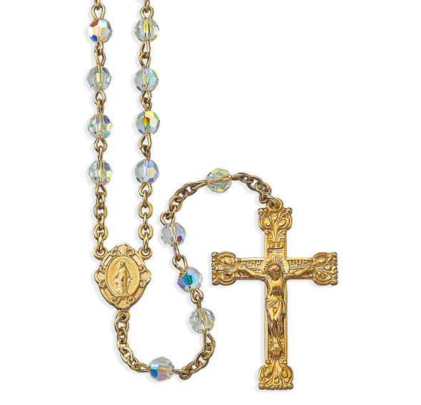 5mm Finest Aurora Crystal Gold Plated Round Beads with Gold Over Sterling Crucifix and Center