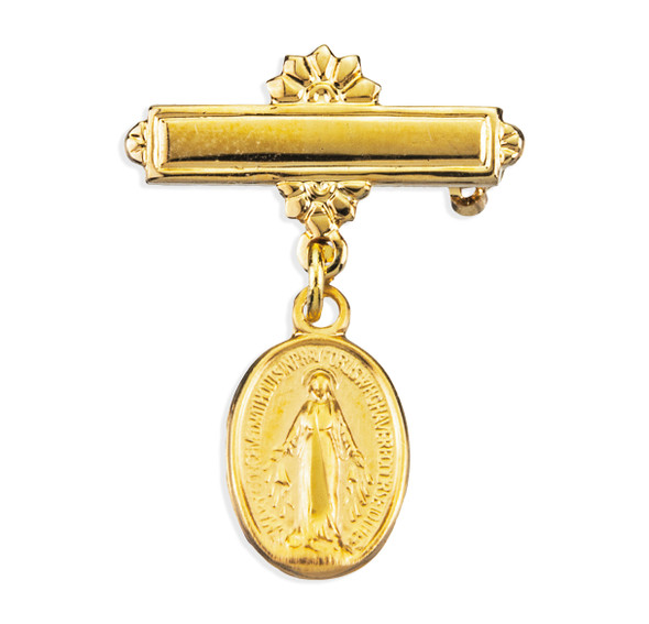 Gold Over Sterling Silver Oval Baby Miraculous Medal on a Bar Pin