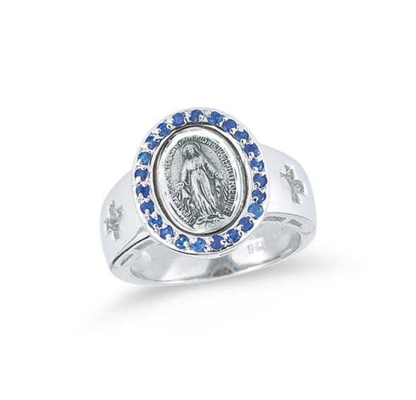 Sterling Silver Miraculous Medal Sapphire Cubic Zirconia Ring Size 5