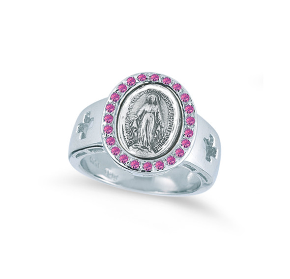 Sterling Silver Miraculous Medal Pink Cubic Zirconia Ring Size 5