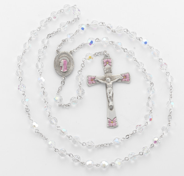 6mm Round Crystal Bead New England Pewter Rosary with a Pink Enameled Center & Crucifix