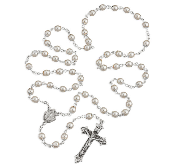 Imitation Pearl Double Capped New England Pewter Rosary