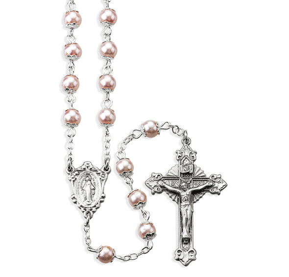 Light Pink Imitation Pearl Double Capped New England Pewter Rosary