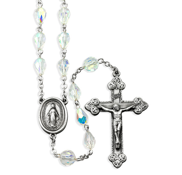 6x9mm Aurora Tear Shape Crystal Beads with Pewter Crucifix and Center
