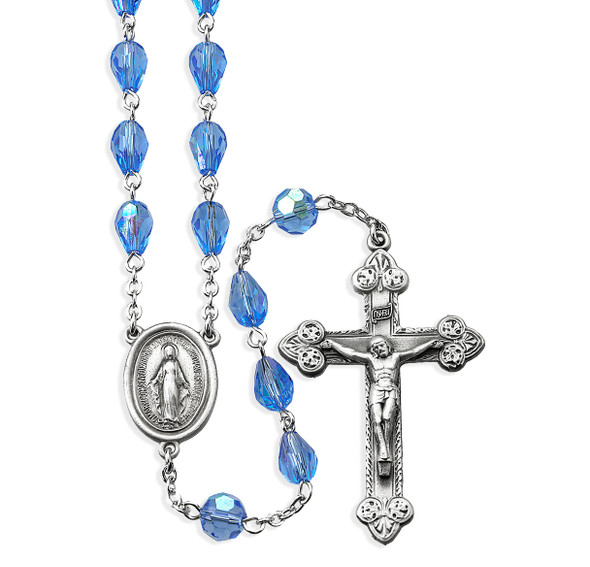 6x9mm Sapphire Tear Shape Crystal Beads with Pewter Crucifix and Center