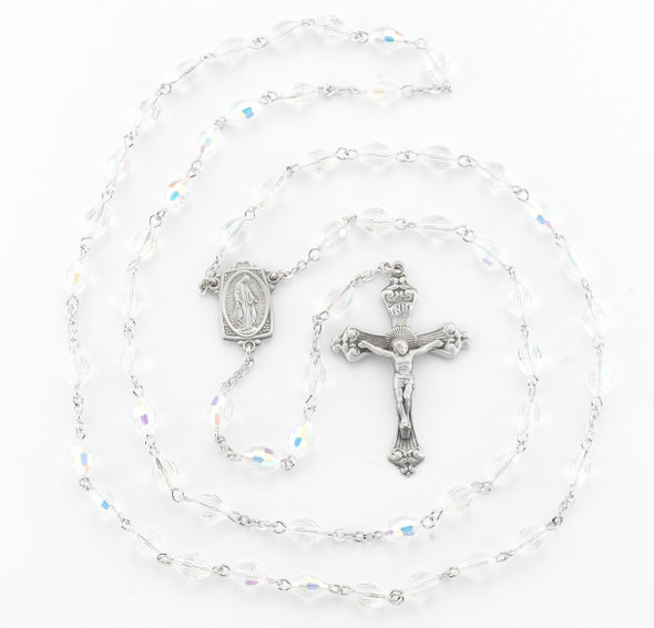 6x9mm Crystal Aurora Faceted Oval Glass Bead Rosary made with Genuine Pewter Crucifix and Centerpiece