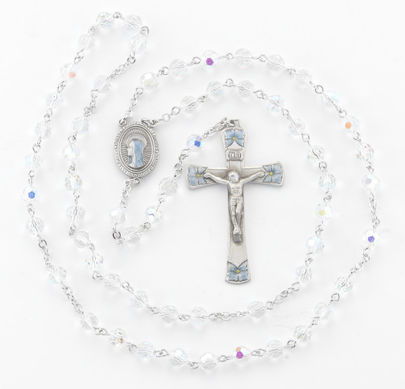 6mm Round Crystal Bead New England Pewter Rosary with a Blue Enameled Center & Crucifix