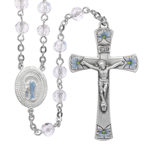 6mm Round Crystal Bead New England Pewter Rosary with a Blue Enameled Center & Crucifix