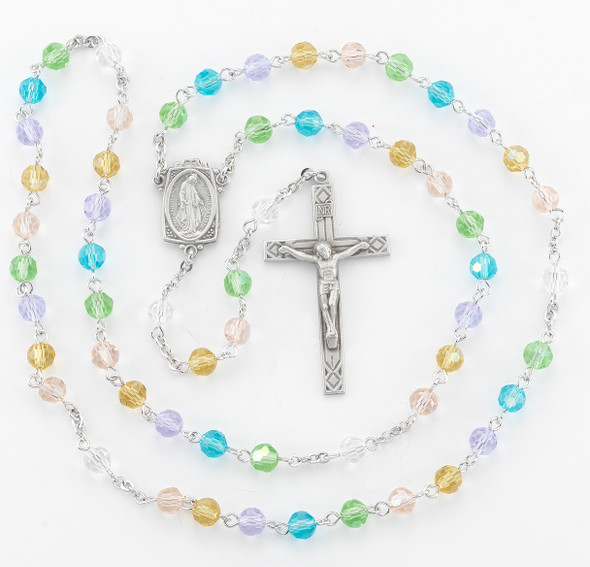 6mm Multi-Color Crystal Beads with Pewter Crucifix and Center