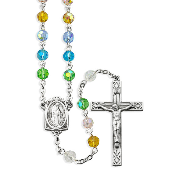6mm Multi-Color Crystal Beads with Pewter Crucifix and Center