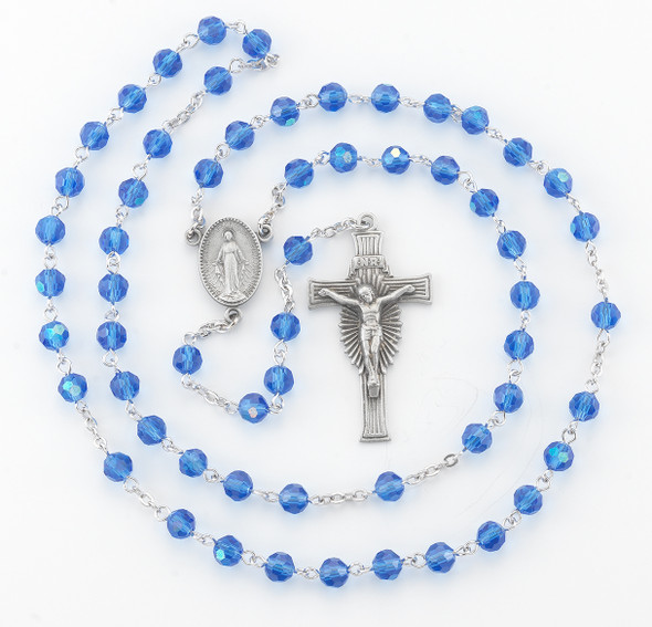 6mm Sapphire Faceted Tin Cut Glass Bead Rosary with Genuine Pewter Sun Burst Crucifix and Miraculous Medal Centerpiece