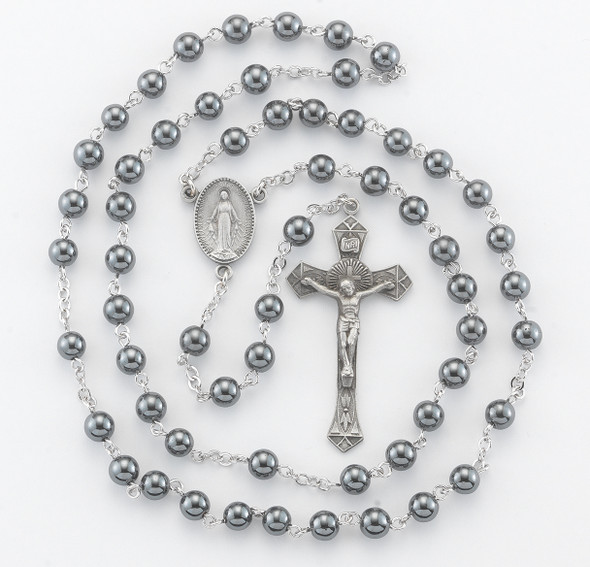 6mm Hematite Bead with New England Pewter Crucifix and Center