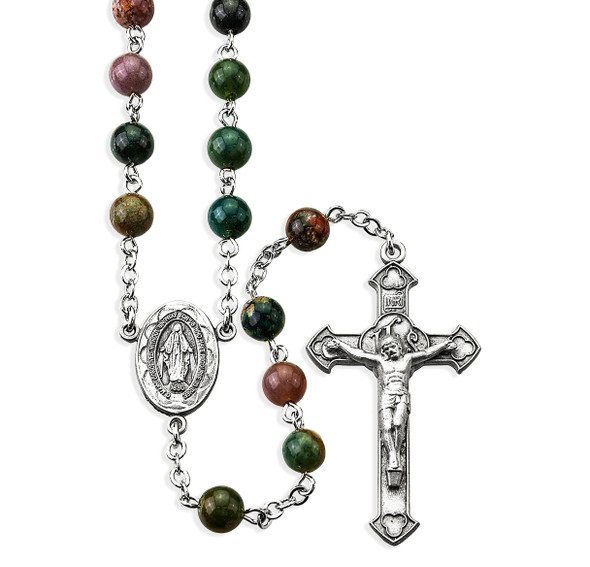 6mm India Agate Gemstone Bead Rosary made with Genuine Pewter Crucifix and Center