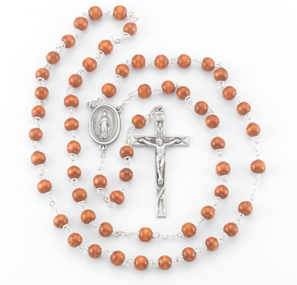 6mm Brown Oval Wood Bead Rosary with Pewter Crucifix and Center