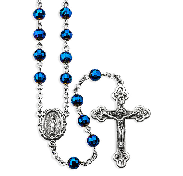 6mm Faceted Blue Bead Rosary with Pewter Crucifix and Center