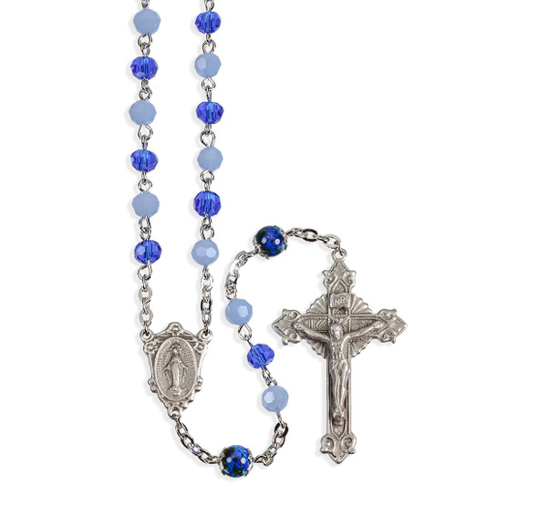 8mm Blue Opal Caribbean Faceted 5mm Glass Bead with New England Pewter Crucifix and Center