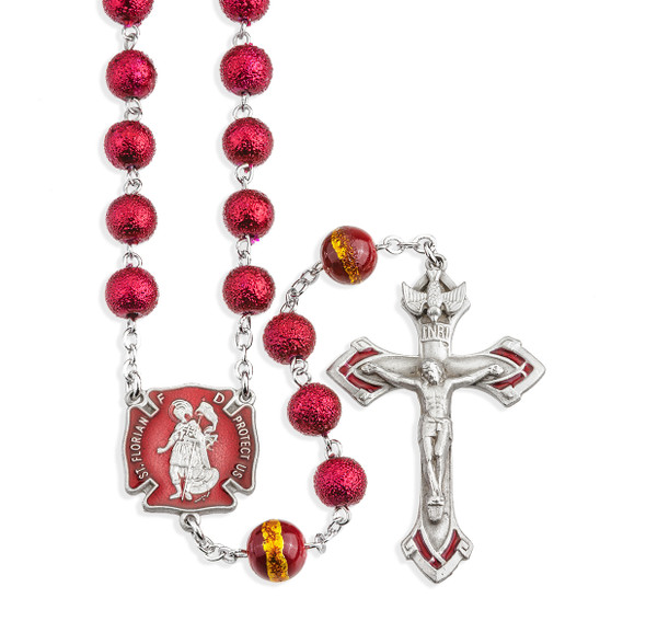 6mm Red Lava Bead Saint Florian Firefighter with New England Pewter Crucifix and Center