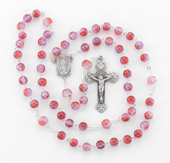 6mm Ruby Amethyst Crackle Glass Bead with New England Pewter Crucifix and Center