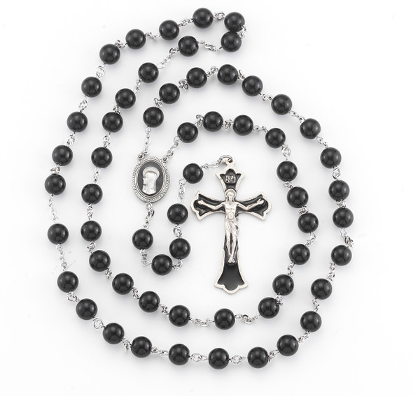 8mm Round Onyx Bead with Black Epoxy New England Pewter Crucifix and Center