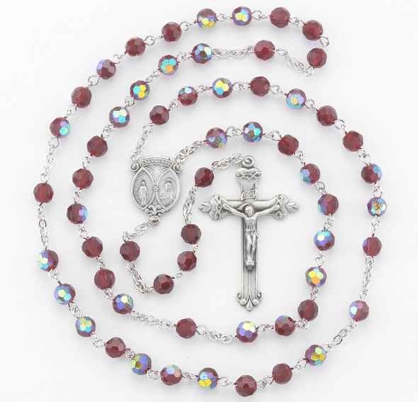 6mm Ruby Glass Faceted Beads with Pewter Crucifix and Center