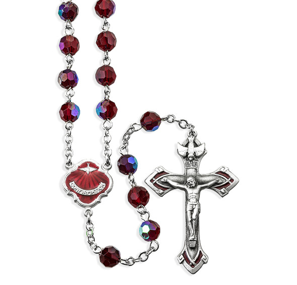 6mm Ruby Glass Faceted Beads with Pewter Crucifix and Center