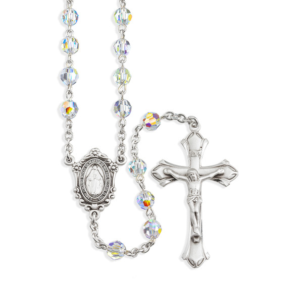 Sterling Silver Rosary Hand Made with finest Austrian Crystal 6mm Aurora Borealis Faceted Round Beads by HMH