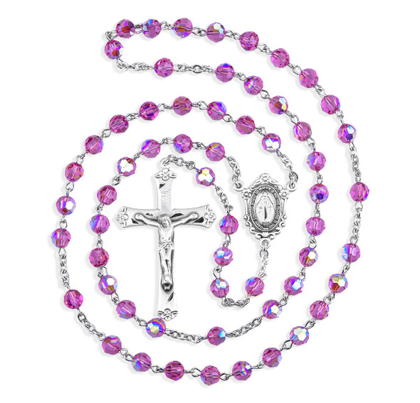 Sterling Silver Rosary Hand Made with finest Austrian Crystal 6mm Pink Faceted Round Beads by HMH