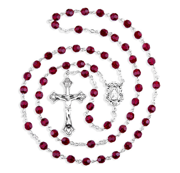 Sterling Silver Rosary Hand Made with finest Austrian Crystal 6mm Ruby Faceted Round Beads by HMH