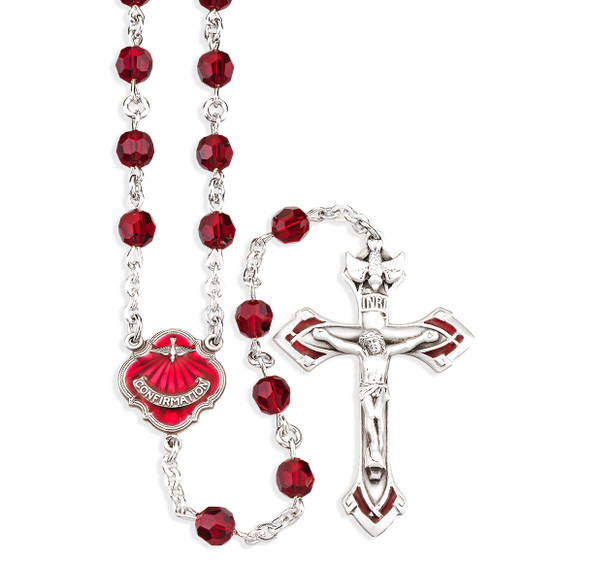 Sterling Silver Holy Spirit Rosary made with  Finest 6mm Crystal Ruby Beads