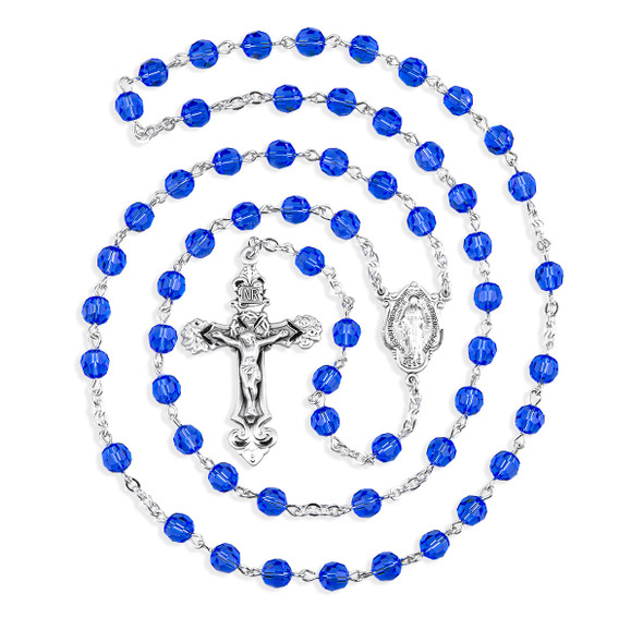 Sterling Silver Rosary Hand Made with finest Austrian Crystal 6mm Sapphire Faceted Round Beads by HMH