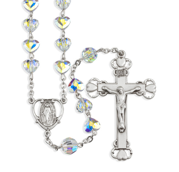 Sterling Silver Rosary Hand Made with finest Austrian Crystal 8mm Aurora Borealis Heart Shape Beads by HMH