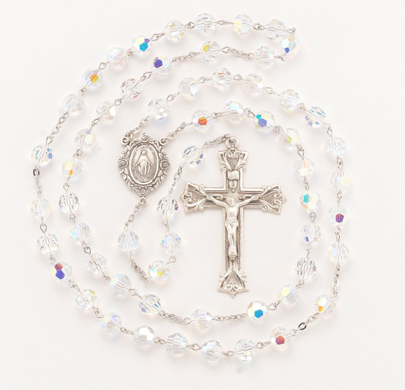 Sterling Silver Rosary Hand Made with finest Austrian Crystal 8mm Aurora Borealis Beads by HMH