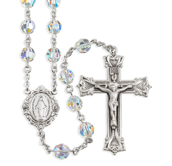 Sterling Silver Rosary Hand Made with finest Austrian Crystal 8mm Aurora Borealis Beads by HMH