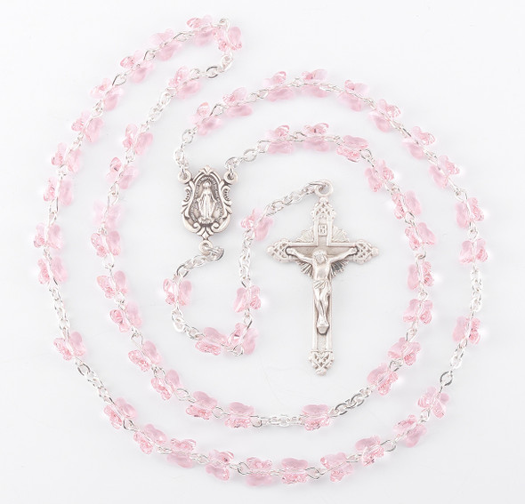 Sterling Silver Rosary Hand Made with 6mm finest Austrian Crystal 6mm Light Rose Butterfly Beads by HMH