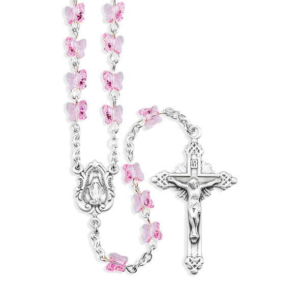 Sterling Silver Rosary Hand Made with 6mm finest Austrian Crystal 6mm Light Rose Butterfly Beads by HMH