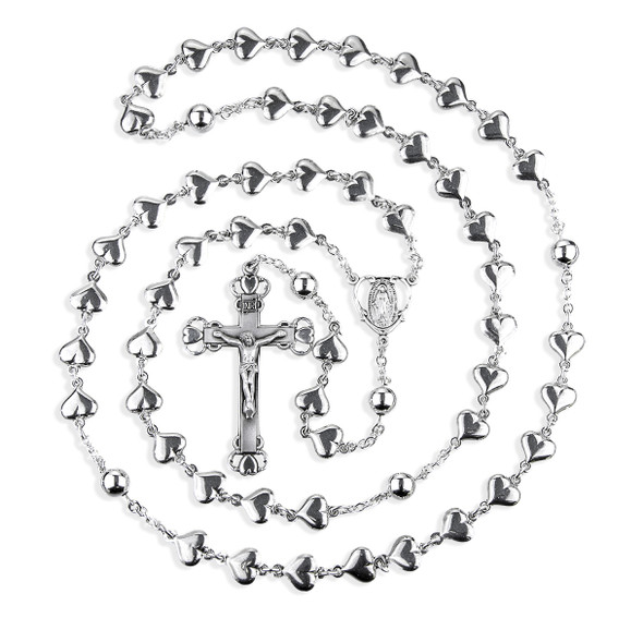 Sterling Silver Solid Heart Shape Rosary with 8mm Round Sterling Silver Bead Rosary